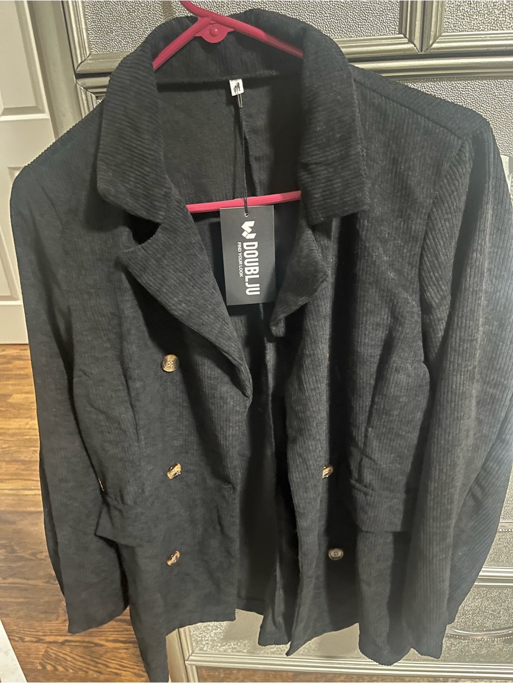 Doublju Women's Black Corduroy Double-Breasted Blazer: Lightweight w/ buttons